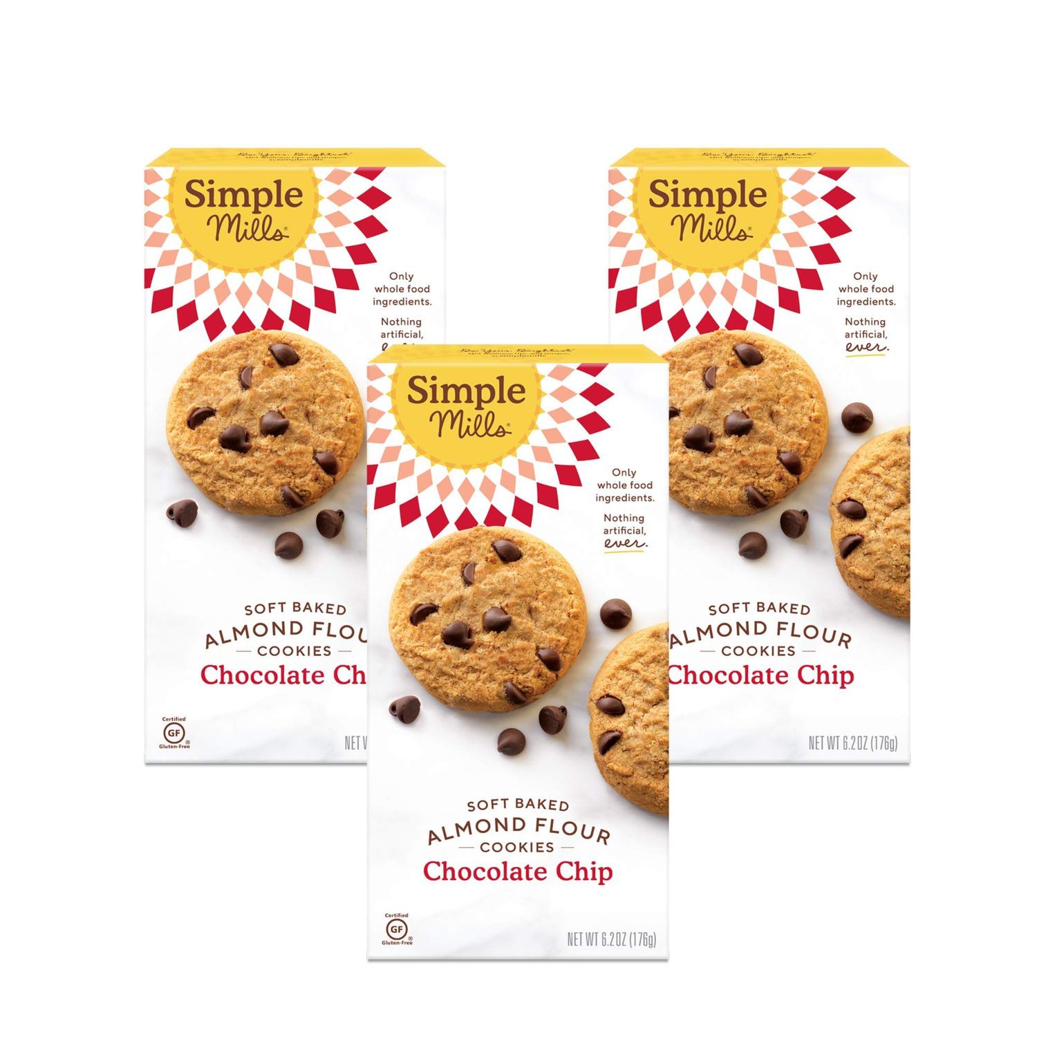 Simple Mills Almond Flour Soft Baked Cookies, Chocolate Chip - Gluten Free, Healthy Snacks, Made with Organic Coconut Oil, Plant Based, 6.2 Ounce Pack of 3