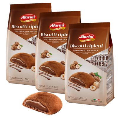 Marini Pasticceria Di Verona Classic Cookies - Authentic Italian Hazelnut-Filled Cream Cookies - Crunchy Golden Healthy Cookies with Smooth Hazelnut Center - Ideal for Gifting or Sharing - 3 Pack