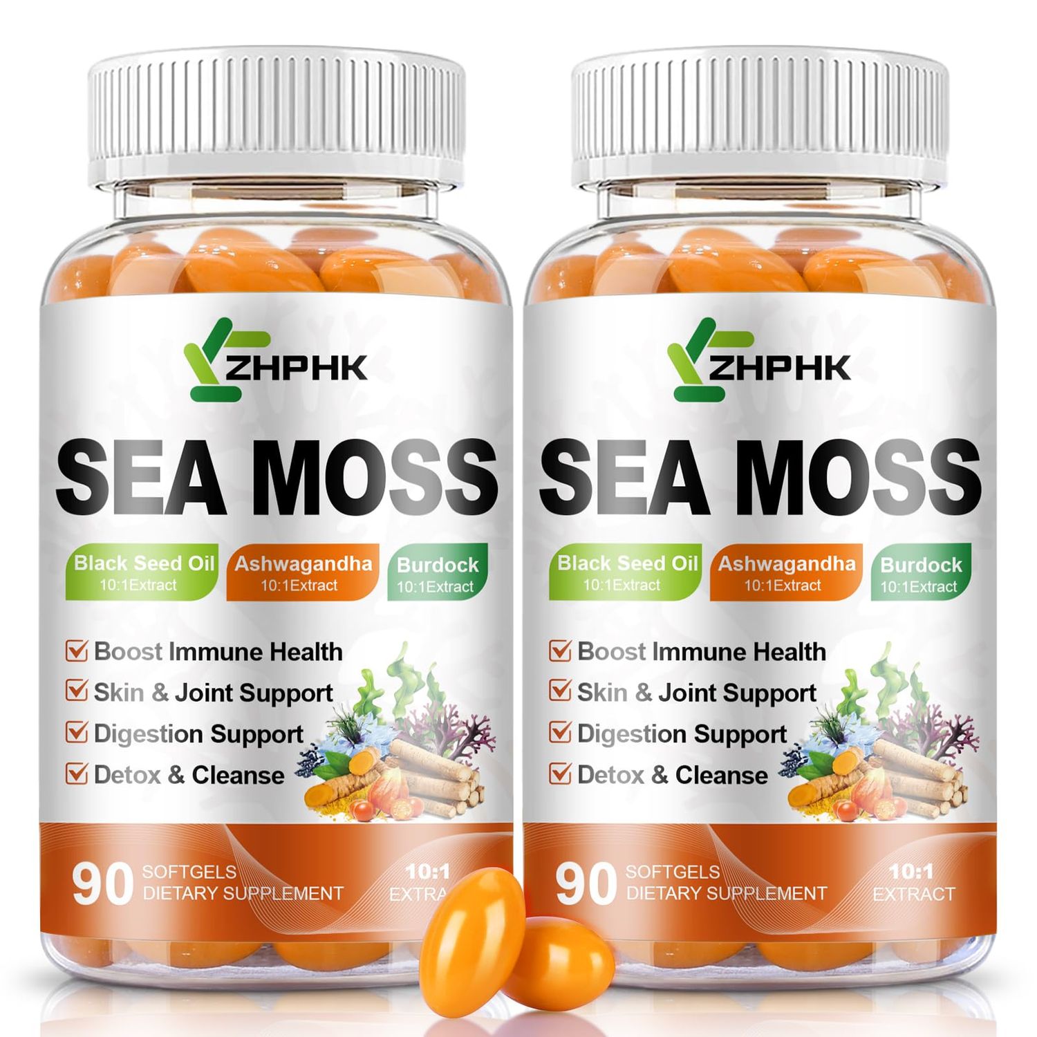 Organic Sea Moss Softgels with Black Seed Oil, Ashwagandha, Burdock, Turmeric, Elderberry, Omega 3 for Immune System, Skin, Joint, Energy, Gut Support 180-Count, 90 Days Supply