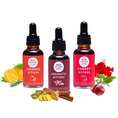 Bab Louie &amp; Co. Non-Alcoholic Bitters Set - Cherry, Orange, Aromatic Bitters for Cocktails, Mocktails, Whiskey - 30ml1oz Each, Non-Alcoholic Drinks - Natural Mixers - Makes 30 Drinks - Bar Essentials