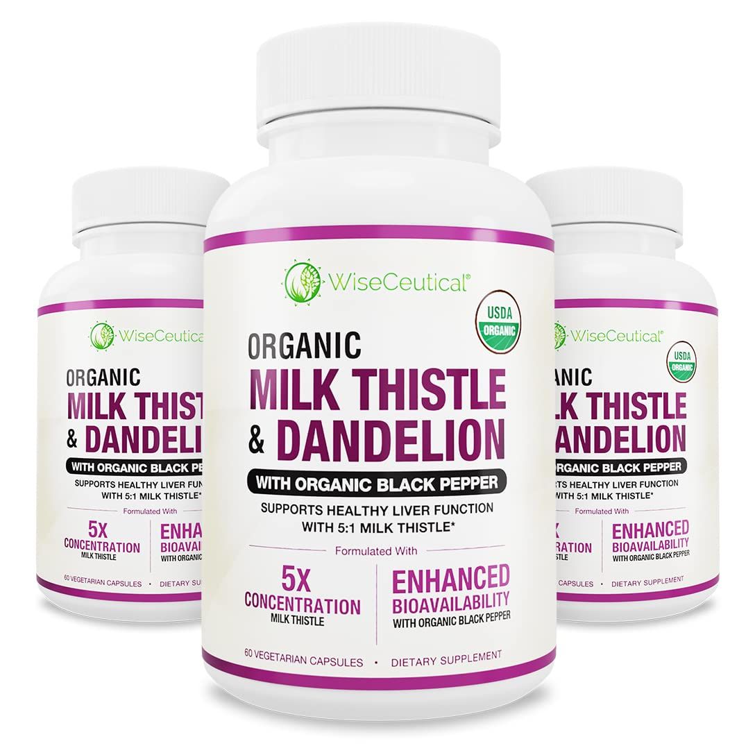 Max Absorption USDA Organic Milk Thistle Potent 5:1 Concentrated Extract 2000mg Strength &amp; Organic Dandelion Root Silymarin Antioxidant Flavonoid Liver Support Supplement 60 Count Pack of 3