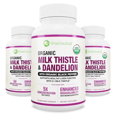 Max Absorption USDA Organic Milk Thistle Potent 5:1 Concentrated Extract 2000mg Strength &amp; Organic Dandelion Root Silymarin Antioxidant Flavonoid Liver Support Supplement 60 Count Pack of 3
