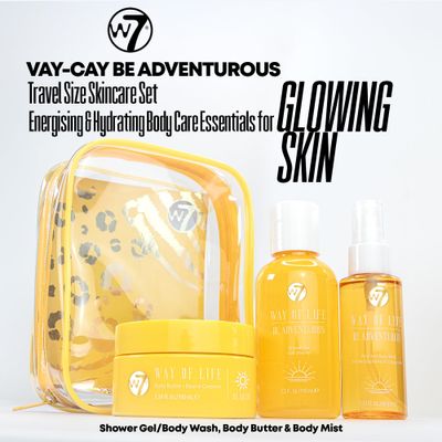 W7 VAY-CAY Be Adventurous - Travel Size Skincare Set Carry On Luggage Essentials: Shower Gel & Body Wash, Body Butter & Body Mist Energizing & Hydrating Body Care for Radiant Skin