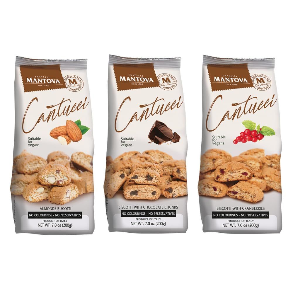 Mantova Cantucci Variety Set, 7 oz. Pack of 3, Product of Italy, Traditional, Twice-Baked, Crunchy Biscotti with Almonds, Chocolate Chunks and Cranberries, Crumbly Cookies Perfect as Breakfast, Sna...