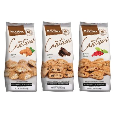 Mantova Cantucci Variety Set, 7 oz. Pack of 3, Product of Italy, Traditional, Twice-Baked, Crunchy Biscotti with Almonds, Chocolate Chunks and Cranberries, Crumbly Cookies Perfect as Breakfast, Sna...