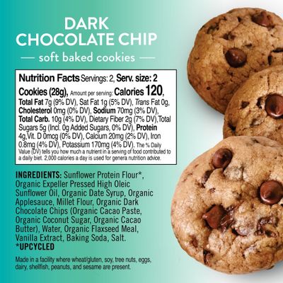 Bake Me Healthy Dark Chocolate Chip Cookie Snack Packs - Vegan, Gluten-Free, Dairy-Free, 0g Added Sugar, 8g Plant Protein, 4g Fiber - Top 9 Allergen-Free, Non-GMO, Upcycled Ingredients 10 packs, 4...