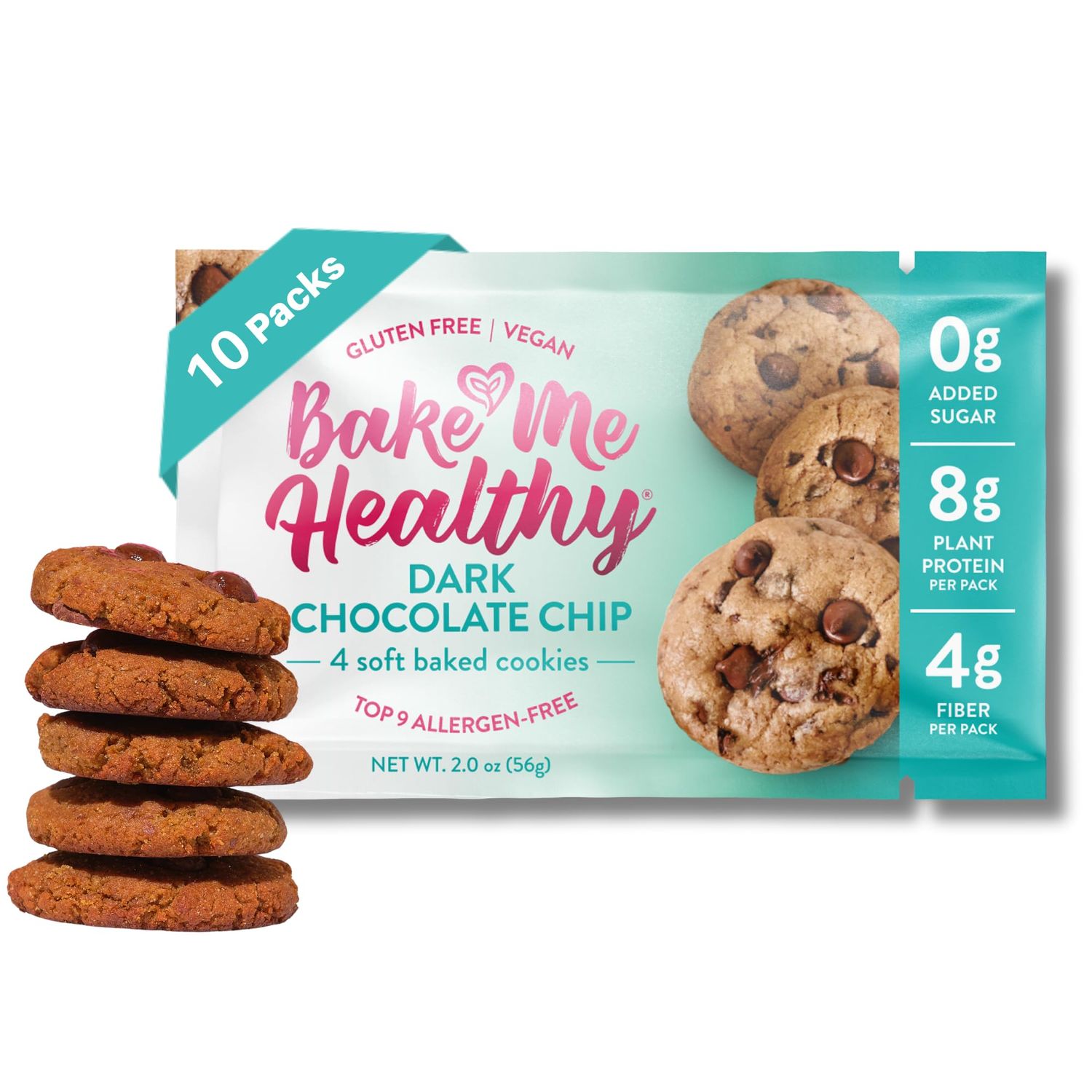 Bake Me Healthy Dark Chocolate Chip Cookie Snack Packs - Vegan, Gluten-Free, Dairy-Free, 0g Added Sugar, 8g Plant Protein, 4g Fiber - Top 9 Allergen-Free, Non-GMO, Upcycled Ingredients 10 packs, 4...