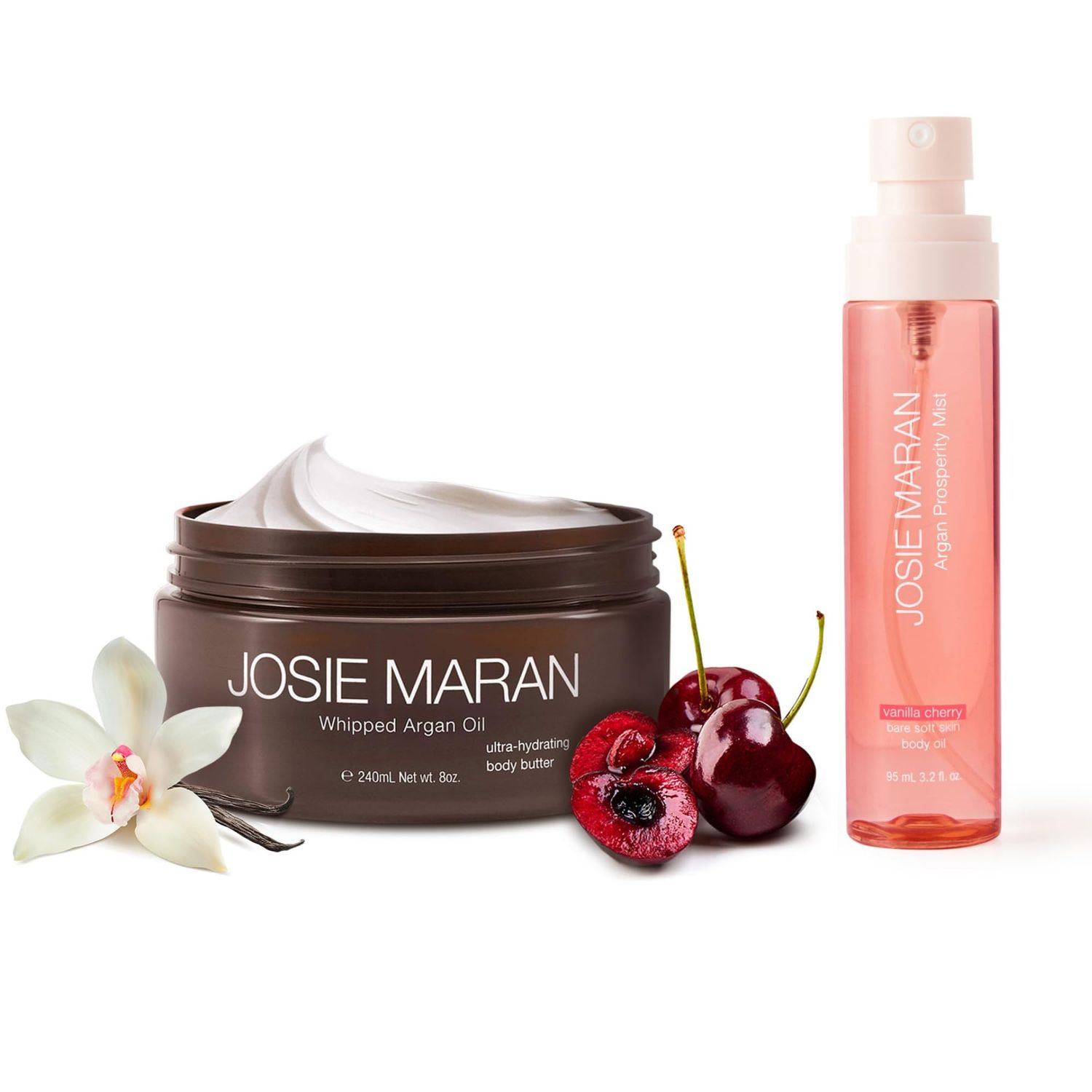 Josie Maran Argan Layering Kit - Whipped Argan Oil Body Butter Prosperity Body Mist - Delivers an All Over Body Glow, Intense Hydration &amp; Absorbs Quickly - Vanilla Cherry 2 Piece Set