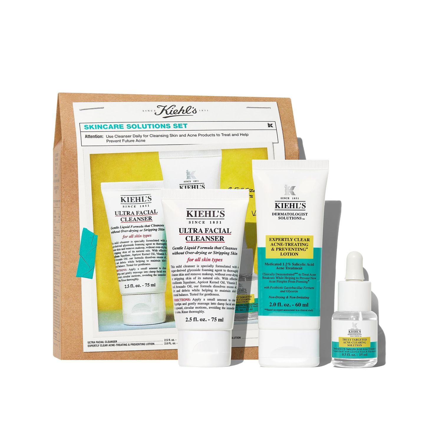 Kiehl&#39;s Acne Routine Skincare Set - 87 Value Including Cleanser, Acne Spot Treatment, and Salicylic Acid Gel Moisturizer - Prevent Breakouts
