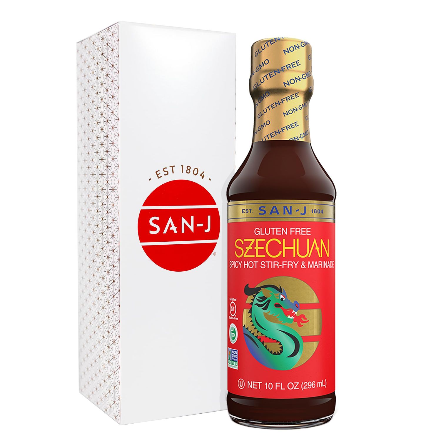 San-J Gluten Free Szechuan Cooking Sauce - Szechuan Sauce, Szechuan Dipping Sauce, Hot &amp; Spicy Marinade &amp; Stir Fry Sauce, Kosher, Non-GMO, No Artificial Preservatives - 10 Fl Oz
