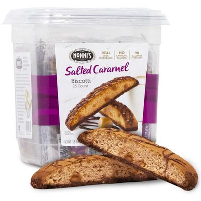 Nonni&#39;s Salted Caramel Biscotti Italian Cookies Tub - Biscotti Individually Wrapped Salted Caramel Coffee Cookies - Biscotti Milk Chocolate &amp; Sea Salt - Salted Caramel Kosher Cookies 1lb 5oz, 595g
