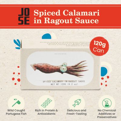 JOSE Gourmet,Spiced Calamari in Ragout Sauce by Jose Gourmet,Canned Squid Calamari in Sauce,Wild Caught Portuguese Calamari,Vitamin Rich Low Calorie Seafood,125g Can,Pack of 8