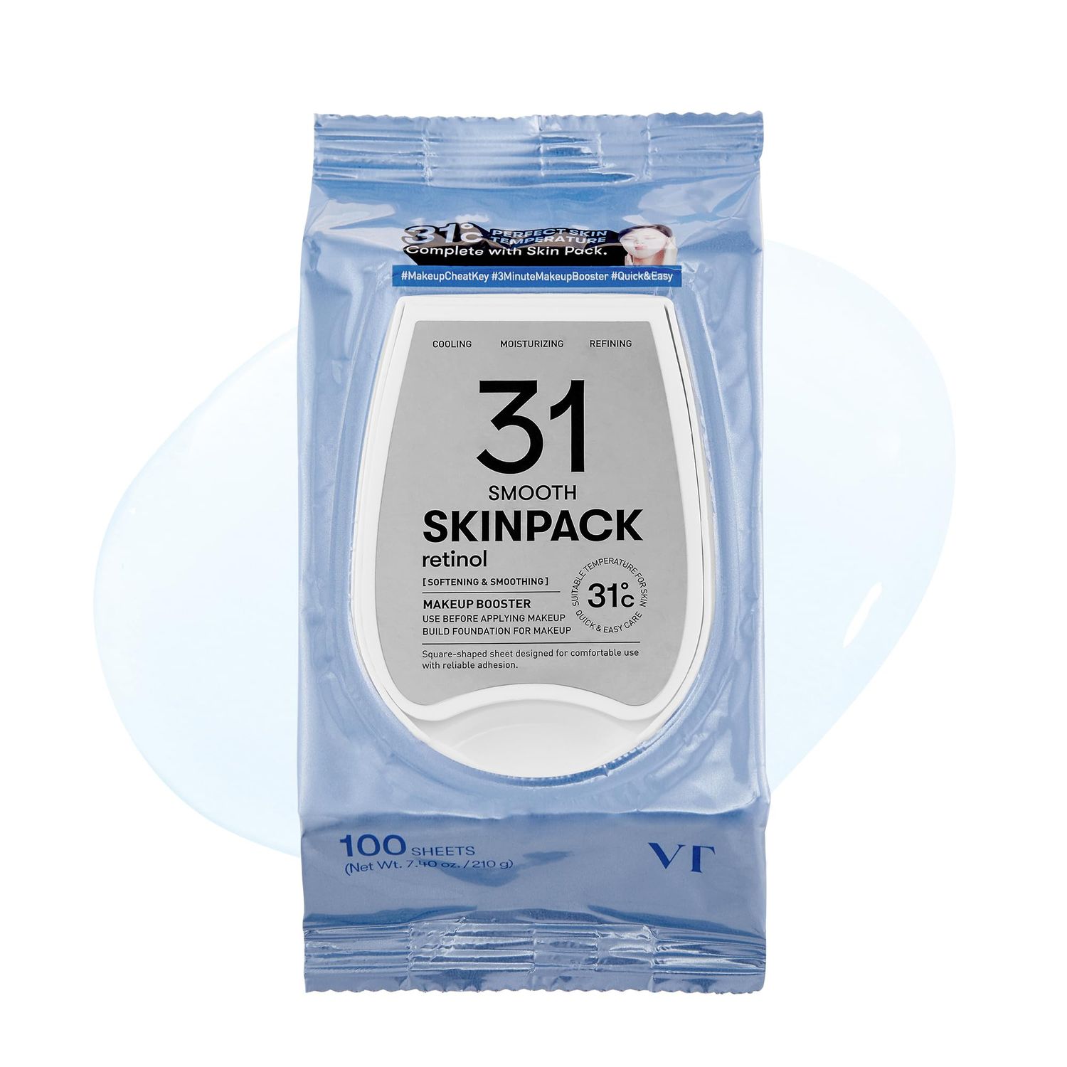 VT COSMETICS Smooth Skin Pack 100 sheets, Quick &amp; Easy Makeup Booster, Instant Cooling &amp; Hydrating, Skin Tightening with Retinol, Gently Exfoliating, Korean SkinCare