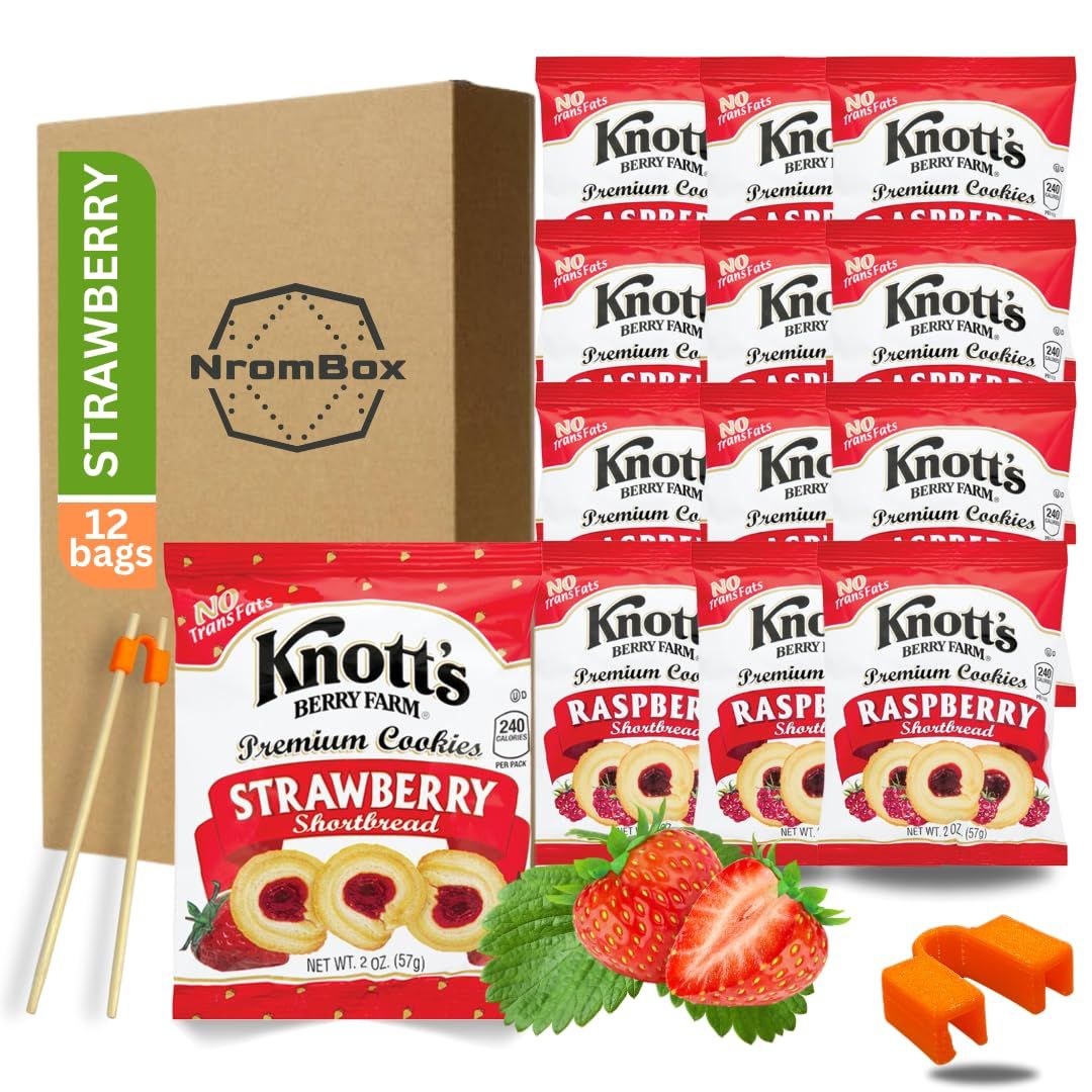 12 Pack- Knott&#39;s Berry Farm Premium Strawberry Shortbread Bite Sized Cookies 2 Oz Bags Knotts Strawberry Shortbread Cookies Reusable Chopstick Helper Practice, Adult, Trainer. Made in USA