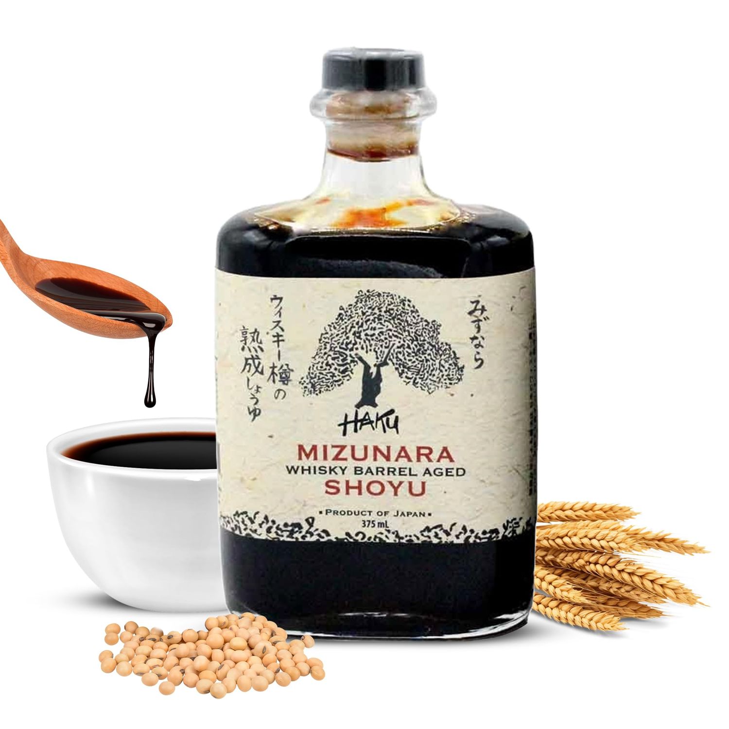 HAKU Mizunara Whiskey Barrel Aged Shoyu Soy Sauce 375 ml - Authentic Japanese Artisanal Umami Seasoning Dark Sauce - Traditional Gourmet Dip Sauce &amp; Marinade for Sushi, Meat, Rice &amp; Asian Cuisines