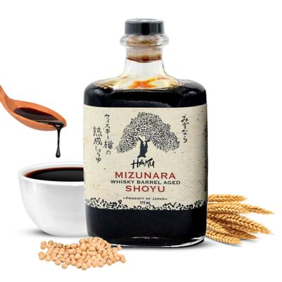 HAKU Mizunara Whiskey Barrel Aged Shoyu Soy Sauce 375 ml - Authentic Japanese Artisanal Umami Seasoning Dark Sauce - Traditional Gourmet Dip Sauce &amp; Marinade for Sushi, Meat, Rice &amp; Asian Cuisines