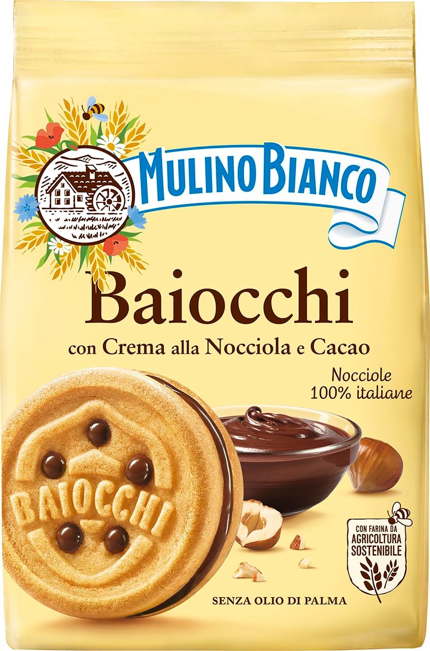 Mulino Bianco Baiocchi 9.17oz 260g - Italys 1 Cookie Made with Natural Ingredients - Authentic Italian Biscuits Filled with Chocolate Hazelnut Cream - Perfect with Coffee or Tea