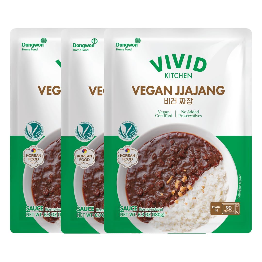VIVID KITCHEN Vegan Sauce - 4 Bold, Plant-Based Sauces Vegan Curry, Spicy Curry, Ragu, Jjajang - No Animal Ingredients, Cholesterol-Free, Keto-Friendly, Ready-to-Eat in 90 Seconds! 3Packs Vegan Jja...