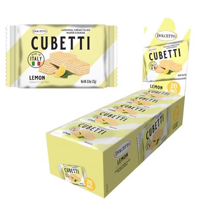 Dolcetto Cubetti Lemon Wafer Cookies, Creamy Crispy Sweets, Gourmet Treats made in Italy, NO Preservatives, Grab-and-Go Single-serve size 0.9oz, Great snacks for sharing and gift baskets 20 Packs