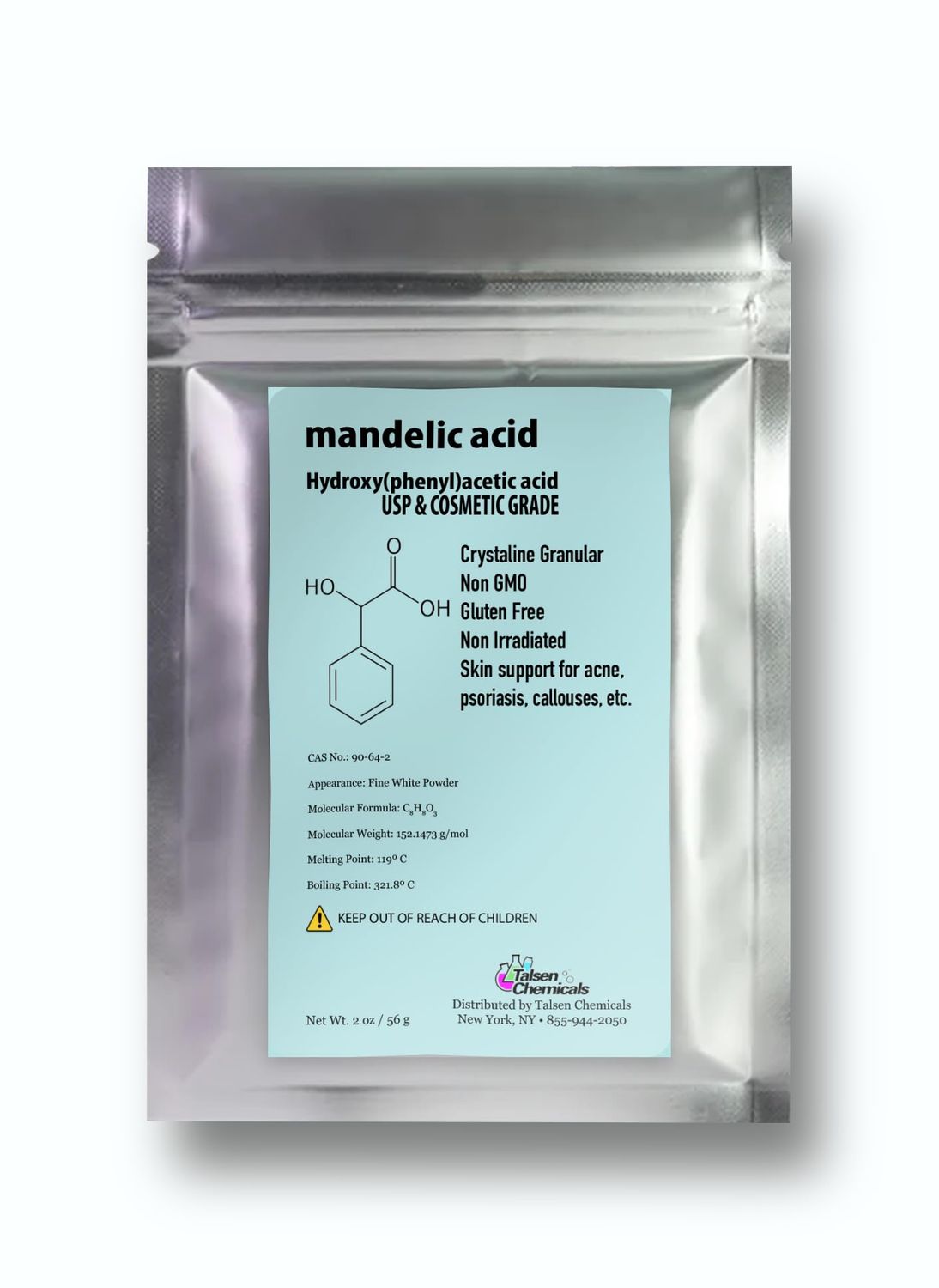 Talsen Chemicals Mandelic Acid Powder 99.9 Purity, DIY Cosmetic Grade For Mandelic Acid Serum, PeelMask or add to Cream, Moisturizer 2 Ounce 56 Gram