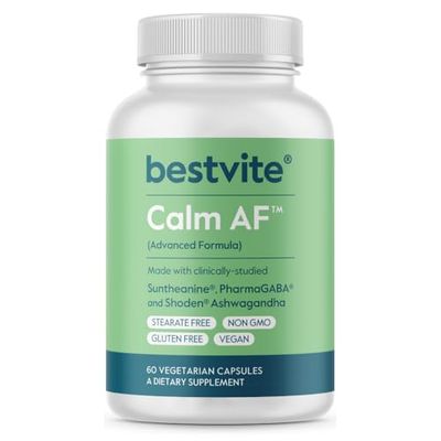 Calm AF Advanced Formula 60 Veggie Caps - Clinically Studied Shoden Ashwagandha, Suntheanine L Theanine, PharmaGABA - No Stearates - Vegan - Non GMO - Gluten Free - Ashwagandha &amp; GABA Supplements
