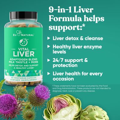 Vital Liver Cleanse Detox &amp; Repair - 9-in-1 Liver Support Supplement - Milk Thistle, Artichoke Extract, Turmeric, Adaptogens - Optimal Liver Function and Digestive Health - 60 Vegetarian Soft Capsules
