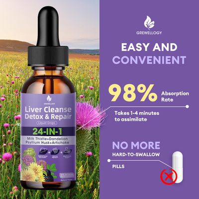 Grewellogy Liver Cleanse Detox Liquid Drops, with Milk Thistle, Artichoke Extract, Dandelion, Turmeric, Ginge and More for Liver Support. No Sugar Vegan and All-Natural. 2 Fl Oz