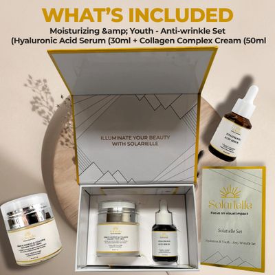 Solarielle Hydration &amp; Youth - Anti-Wrinkle Set - Skin Care &amp; Beauty Face Moisturizer - Peptides Serum for Face, Crema Hidratante para la Cara, Anti-Aging Cream with Hyaluronic Acid &amp; Retinol