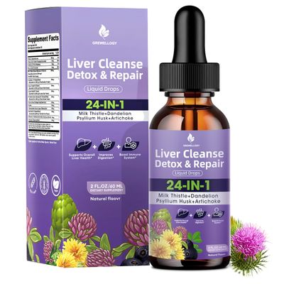 Grewellogy Liver Cleanse Detox Liquid Drops, with Milk Thistle, Artichoke Extract, Dandelion, Turmeric, Ginge and More for Liver Support. No Sugar Vegan and All-Natural. 2 Fl Oz