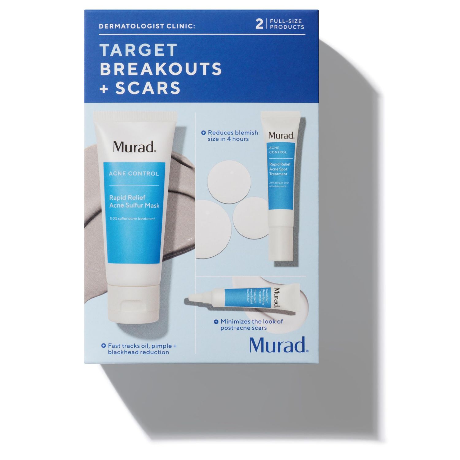 Murad Target Breakouts Scars 3 Piece Value Set - Acne Sulfur Mask, Acne Spot Treatment, Invisiscar Resurfacing Treatment - Facial Acne Regimen to Target and Minimize Acne Scars
