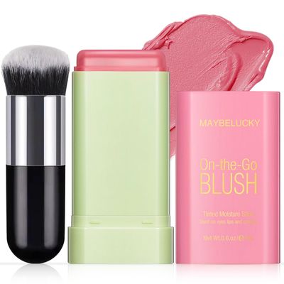 HOSAILY Cream Blush Stick for Cheeks, Eyes &amp; Lips, Multi-Use Makeup Stick, Travel-Friendly Tinted Moisturizer, Natural Glow Blendable Blusher with Brush - Shy Pink