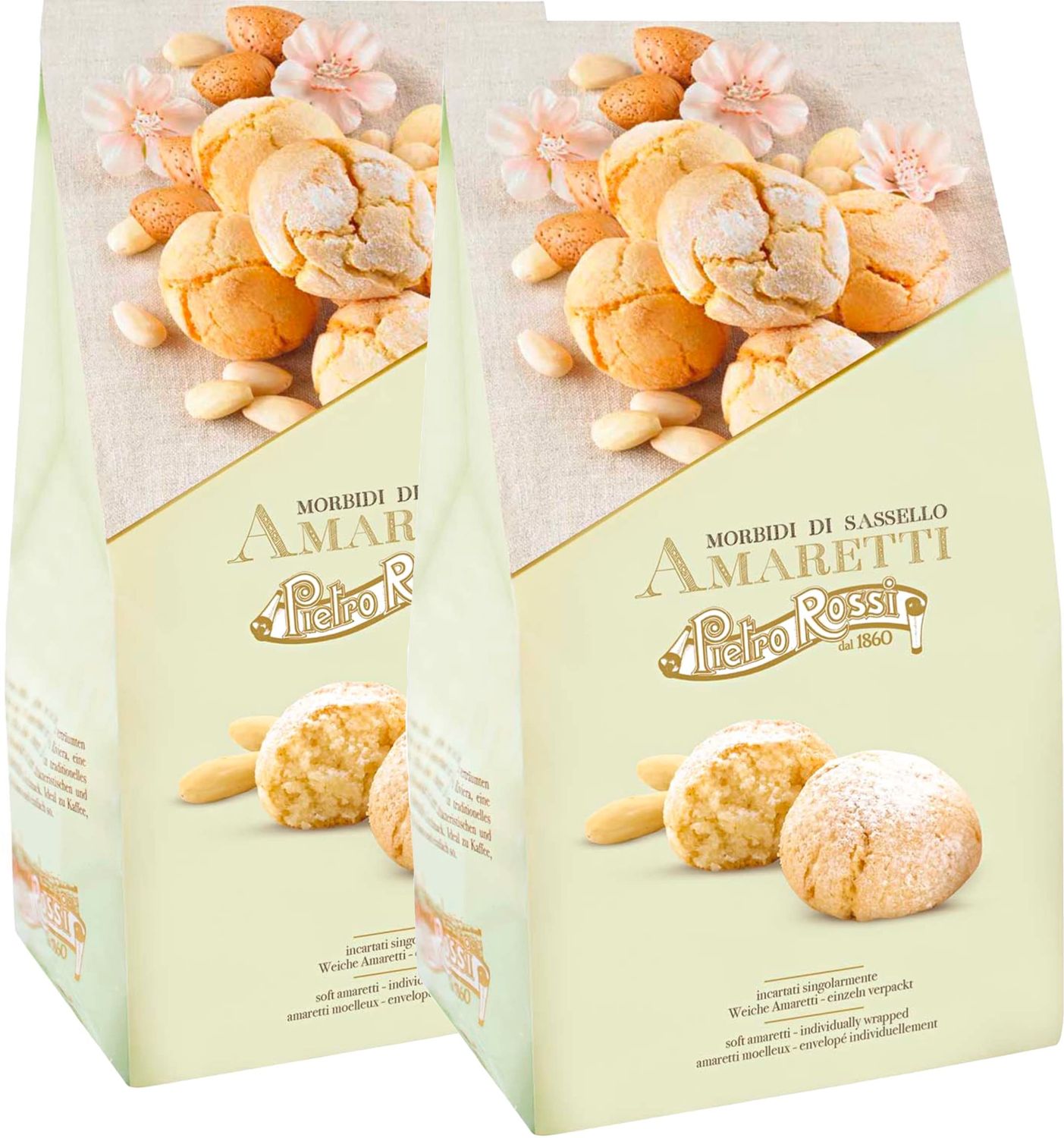 2x150g Pietro Rossi Soft Amaretti - Soft Cookies with the intense taste of almonds and a fine Amaretto noteItaly