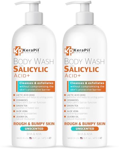 KERAPIL Salicylic Acid Body Wash - Skin Non-drying, Gentle Exfoliates Rough and Bumpy Skin, Body Acne Wash, BHA &amp; AHA - Unscented Exfoliating Body Wash, Made in USA - 16 fl oz x 2