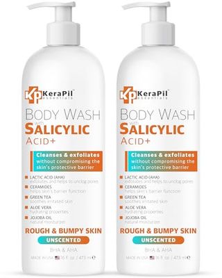 KERAPIL Salicylic Acid Body Wash - Skin Non-drying, Gentle Exfoliates Rough and Bumpy Skin, Body Acne Wash, BHA &amp; AHA - Unscented Exfoliating Body Wash, Made in USA - 16 fl oz x 2