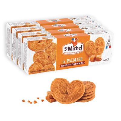 St Michel Caramel Palmiers Biscuits Made In France, pack of 4 100g each Non-GMO. Total of 48 Crunchy Caramel glazed Puff Pastry Butter Biscuits