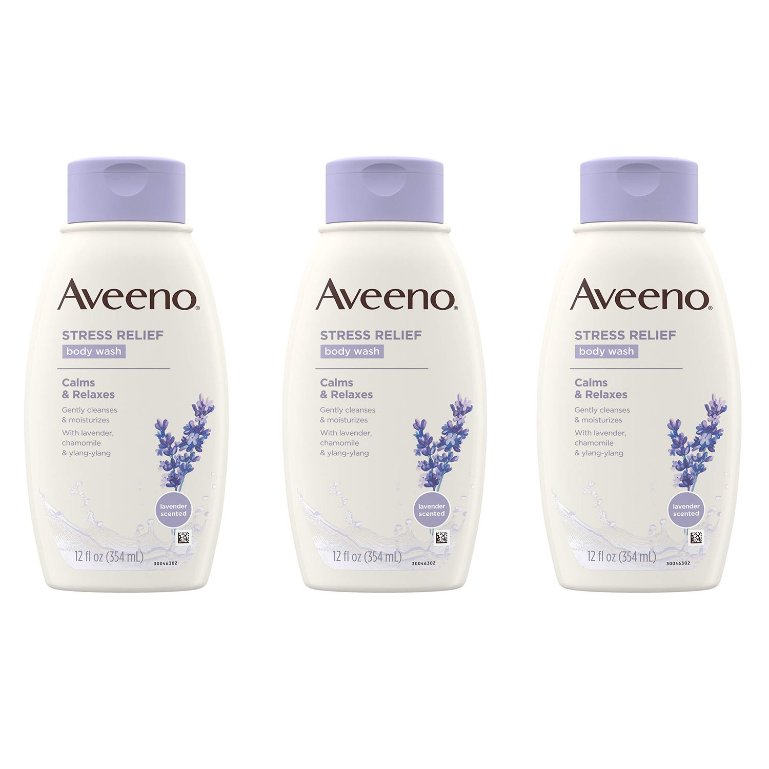 Aveeno Stress Relief Body Wash with Soothing Oat, Lavender, Chamomile &amp; Ylang-Ylang Essential Oils, Hypoallergenic, Dye-Free &amp; Soap-Free Calming Body Wash, 12 fl. Oz Pack of 3