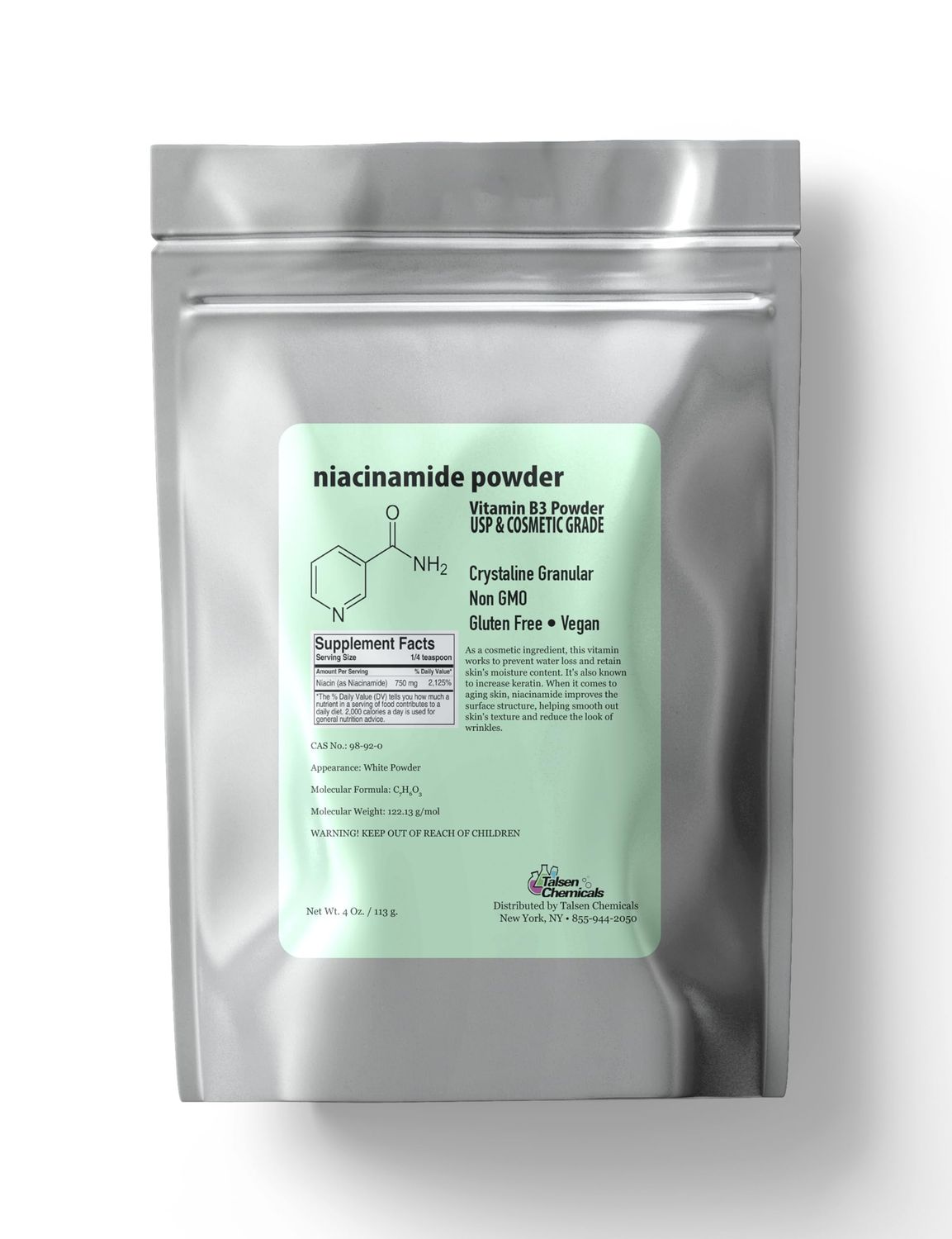 Talsen Chemicals Pure Niacinamide Powder For Skin Care Vitamin B3 DIY Niacinamide Serum, Niacin Powder 4 Ounce 113 Gram Cosmetic Grade