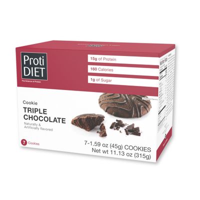 ProtiDIET High-Protein Triple Chocolate Cookies, Gluten-free, Low Sugar, with Added Fiber Antioxidizing Healthy Chocolate Snacks to Support a Busy and Active Lifestyle- 7 Protein Cookies Per Box