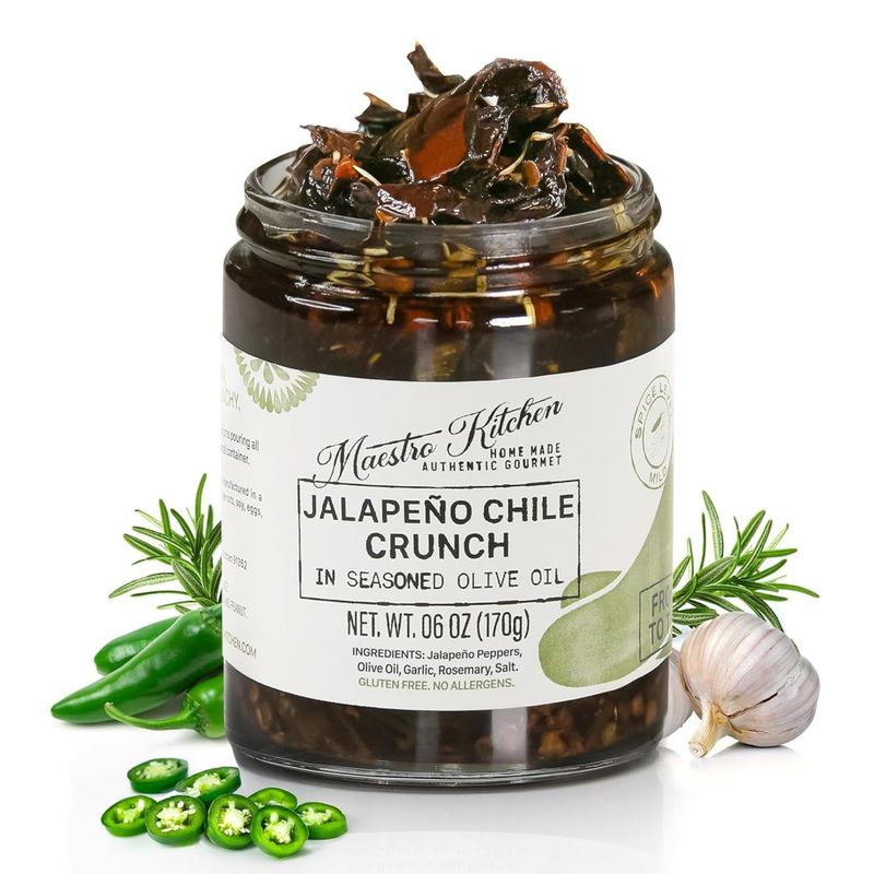 Mild Jalapeno Pepper Chile Crunch 6oz - All Natural Mexican Chili Crisp in 100 Seasoned Olive Oil, Garlic &amp; Rosemary - Spicy Crunchy Salsa Macha Hot Sauce - Keto Friendly Vegan Gluten Free NON GMO