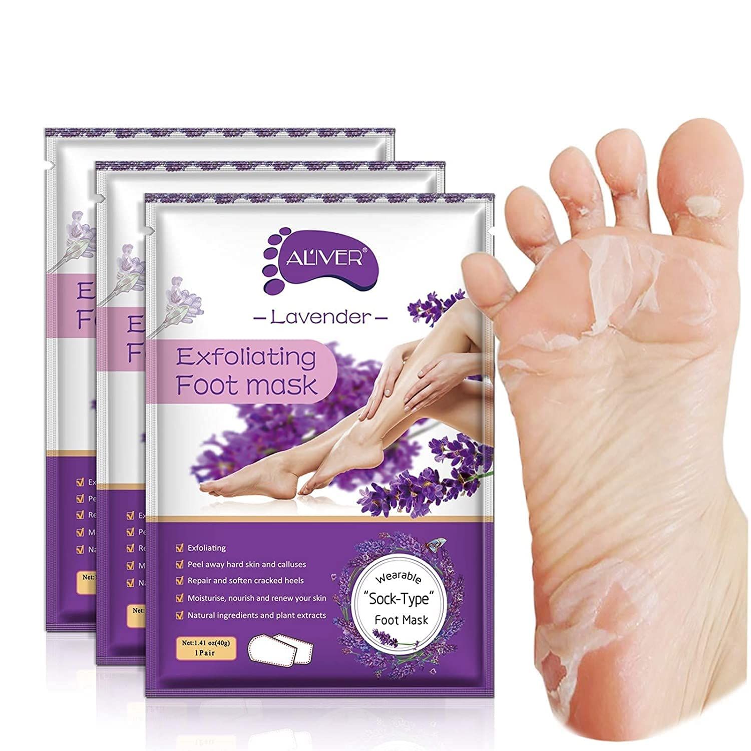 ALIVER Foot Peel Mask 3 Pack, Exfoliator Peel Off Calluses Dead Skin Callus Remover, Baby Soft Smooth Touch Feet-Men Women Lavender