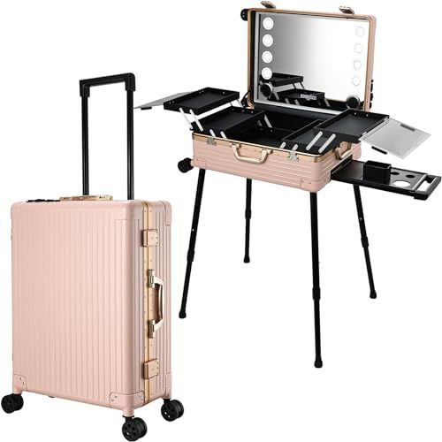 Faquenc 24&#39;&#39; Aluminum Trolley Rolling Makeup Train Case with LED Light Mirror Professional Cosmetic Travel Box with Bluetooth Speaker Make up Cosmetic Organizer Studio Nail Salon Beauty Vanity Pink
