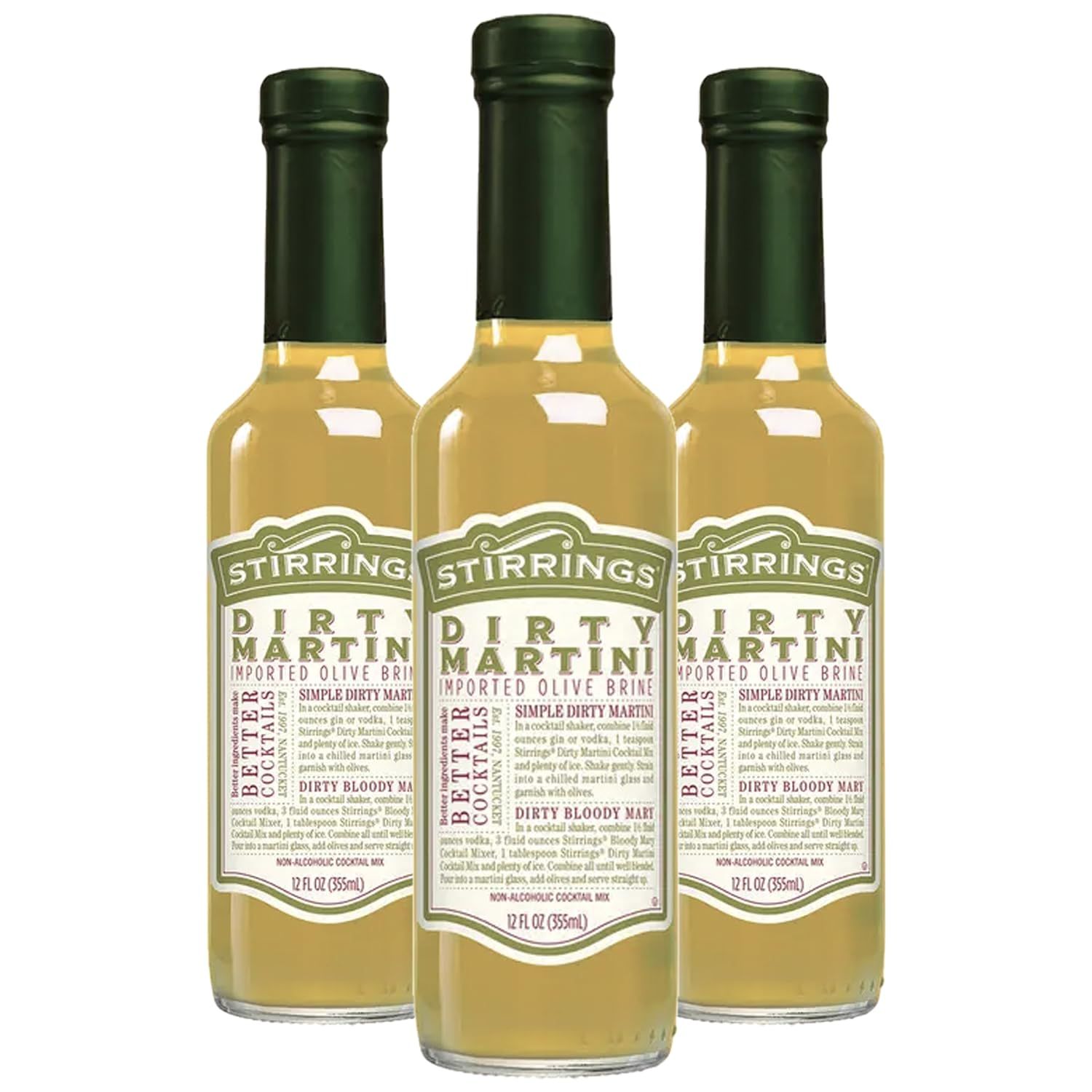 Stirrings 3 Pack Dirty Martini Mix Bitters 355ml Bottles - Real Ingredients No Preservatives Low Calories - Drink Mixer