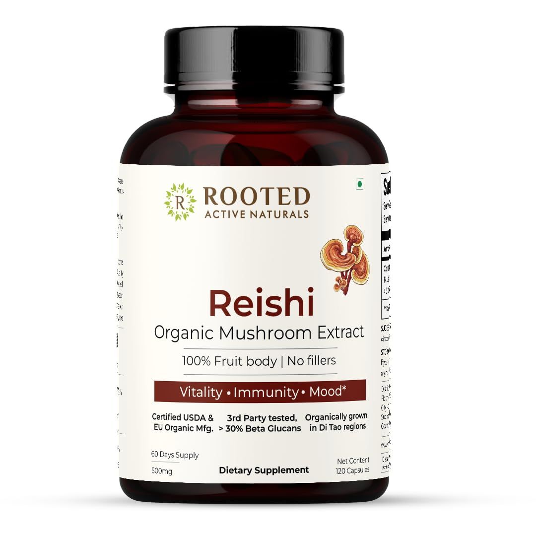 ROOTED Actives Reishi Mushroom Extract Capsules Heart Health, Stress Relief, Liver Support USDA Organic, 30 Beta Glucans 120 Veg Caps, 500 mg