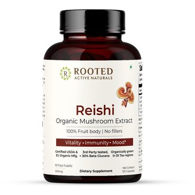 ROOTED Actives Reishi Mushroom Extract Capsules Heart Health, Stress Relief, Liver Support USDA Organic, 30 Beta Glucans 120 Veg Caps, 500 mg