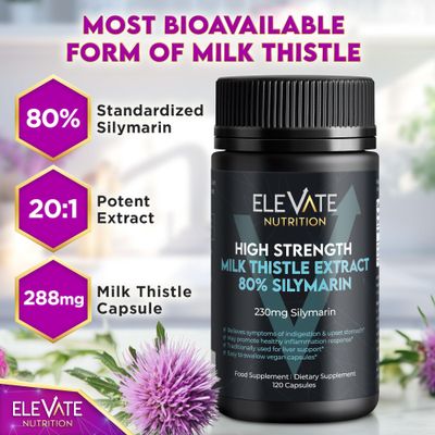 ELEVATE NUTRITION Milk Thistle - 288 mg, 80 Silymarin Extract - 120 Vegan Capsules - Dietary Health Supplement May Support Liver Wellness &amp; Digestive Comfort