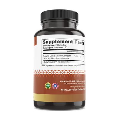 Ancient Bliss Lion's Mane Supplement 2 Month Supply- 120 Vegan Mushroom Capsules- May Supports Mental Clarity, Energy & May Focus- Memory & Immune Support Mushroom Supplement