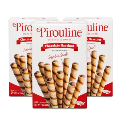 Pirouline Rolled Wafers - Chocolate Hazelnut - Rolled Wafer Sticks, Creme Filled Wafers, Rolled Cookies for Coffee, Tea, Ice Cream, Snacks, Parties, Gifts, and More - 7oz carton 3pk