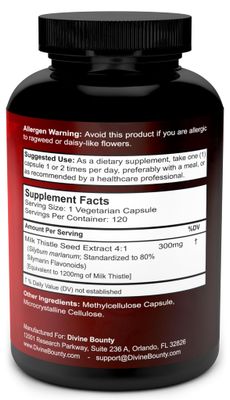 Divine Bounty Pure Milk Thistle Capsules Supplement - A Potent 1200mg Milk Thistle Supplement with 4X Concentrated Extract Standardized 120 Vegetarian Capsules