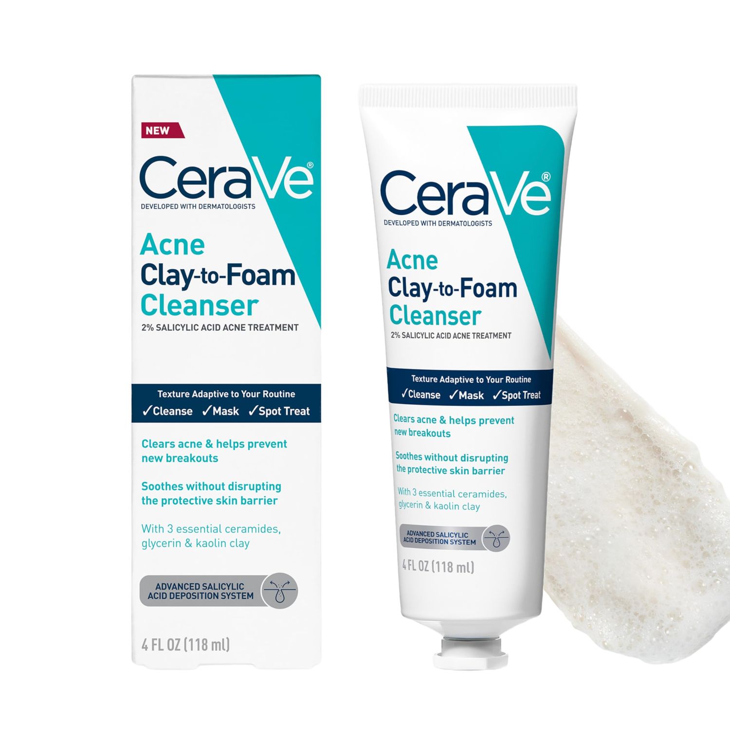 CeraVe Clay To Foam Acne Face Wash, Multi-Use Salicylic Acid &amp; Kaolin Clay Acne Spot Treatment Clears Pimples &amp; Blackheads, Prevents Breakouts, Hydrates &amp; Soothes, Fragrance-Free, Non-Comedogenic, 4oz