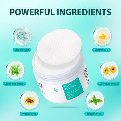 Glycolic Acid Pads - Exfoliating Pads for Face with Vitamins B5, C &amp; E, Green Tea - Chemical Peel for Face at Home - Peel Pads for Acne, Fine Lines and Wrinkles - 50 Pads